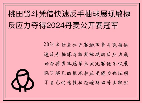 桃田贤斗凭借快速反手抽球展现敏捷反应力夺得2024丹麦公开赛冠军